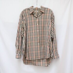 DAKS plaid tan brown shirt long sleeve top Size US 14 cotton high low hem loose